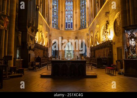Interno della chiesa di San Martino con altare maggiore e coro nella città di Colmar, Alsazia, Francia. Architettura gotica, Chiesa cattolica romana dal 1365. Foto Stock