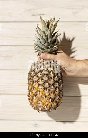Mano maschile che tiene la frutta matura dell'ananas su fondo di legno bianco Foto Stock