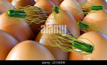 A volte le uova possono essere contaminate da batteri della Salmonella, che possono causare avvelenamento alimentare; rendering 3d. Foto Stock