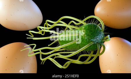 A volte le uova possono essere contaminate da batteri della Salmonella, che possono causare avvelenamento alimentare; rendering 3d. Foto Stock