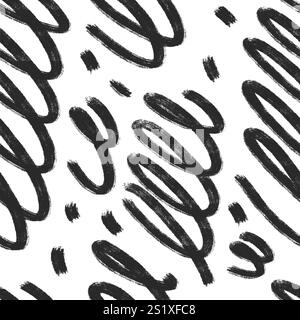 Linee vorticate astratte motivo senza cuciture. Traccia grunge curva sfondo infinito. Le forme dell'inchiostro del pennello nero ondulato ripetono il coperchio. Ornamento tribale continuo Illustrazione Vettoriale