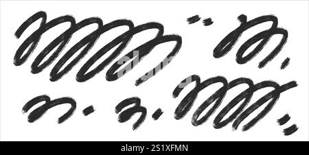 Ornamento astratto delle linee vorticate. Set di elementi di traccia grunge geometrico a mano libera. Forme d'inchiostro a pennello nero ondulato. Decorazioni con scoiattoli. Illustratore disegnato a mano vettoriale Illustrazione Vettoriale