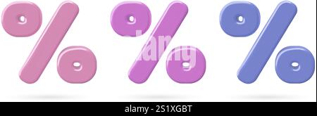 Set di simboli percentuale 3D simboli di percentuale di vettori metallici rosa e viola raccolta di icone di vendita Illustrazione Vettoriale