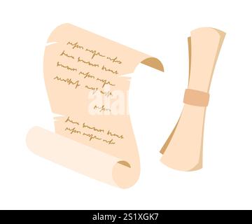 Vecchio rotolo di carta pergamena, antico manoscritto papiro. Certificato, mappa del tesoro o documento, lettera, messaggio o diploma. Illustrazione Vettoriale