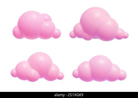 Nuvole 3D rosa isolate su sfondo bianco, collezione di elementi di design romantici in plastica dei cartoni animati Illustrazione Vettoriale