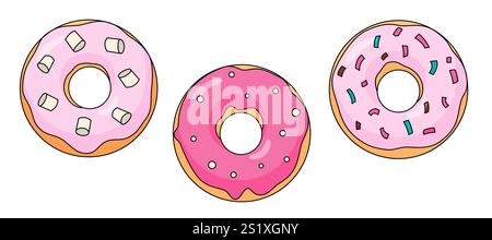 Ciambelle rosa Imposta la figura vettoriale piatta del cartone animato Illustrazione Vettoriale