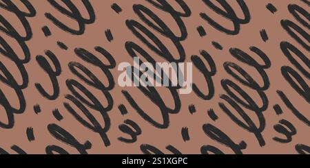 Linee vorticate astratte motivo senza cuciture. Traccia grunge curva sfondo infinito. Le forme dell'inchiostro del pennello nero ondulato ripetono il coperchio. Ornamento tribale continuo Illustrazione Vettoriale