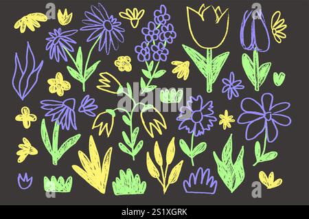 Fiori e foglie di gesso al neon disegnati sulla lavagna scolastica. Elementi floreali primaverili per bambini. Stile pastello a forma di bambino. Matita ingenua vettoriale illustrati Illustrazione Vettoriale