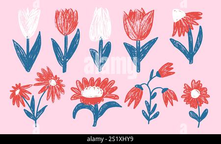 Set di stencil per fiori. Tulipani primaverili, margherite, camomilla e pastello di doodle marguerite. Elementi floreali estivi per bambini. Forma floreale di gesso infantile. Nai vettoriale Illustrazione Vettoriale