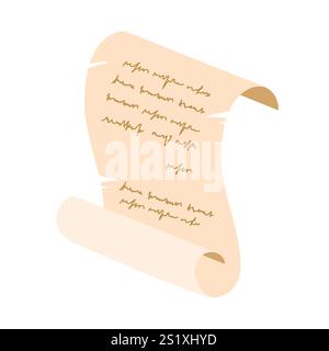 Vecchio rotolo di carta pergamena, antico manoscritto papiro. Certificato, mappa del tesoro o documento, lettera, messaggio o diploma. Illustrazione Vettoriale