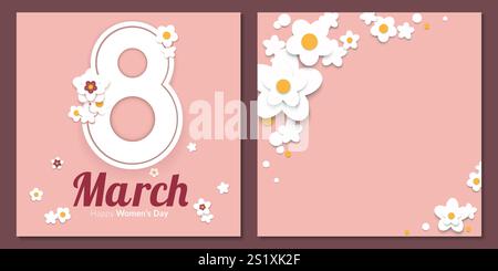 I biglietti d'auguri per la giornata della donna e della festa floreale dell'8 marzo sono stati tagliati in carta con fiori bianchi primaverili e grandi 8 numeri Illustrazione Vettoriale