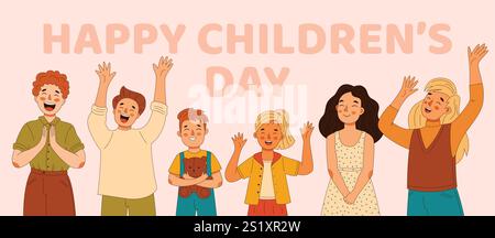 Buon giorno dei bambini, con bambini di età diverse che si divertono tutti insieme Illustrazione Vettoriale