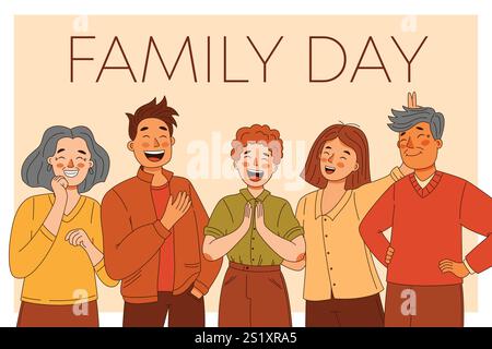 Famiglia felice padre e madre, nonna con nonno e figlio, tessera famiglia internazionale Illustrazione Vettoriale