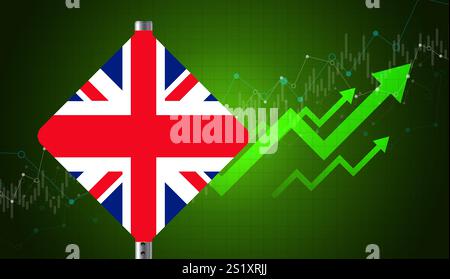 Bandiera del Regno Unito, segnaletica stradale e grafico delle attività economiche britanniche, crescita finanziaria, tendenze del mercato, stabilità economica, strategie di investimento, rendering 3D. Foto Stock