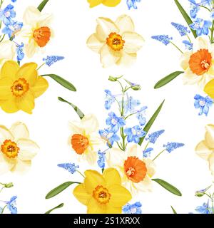 Un motivo vettoriale floreale senza cuciture caratterizzato da narcisi gialli e bianchi abbinati a delicati fiori di delfinio blu. Illustrazione Vettoriale
