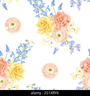 Un vivace motivo vettoriale primaverile senza cuciture con rose gialle, ranuncolo di pesca, delfini blu e piselli dolci gialli e blu. Illustrazione Vettoriale