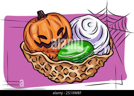 Design orizzontale del banner vettoriale di cibo e bevande aromatizzati alle spezie di zucca. Caffè con illustrazione dei cartoni animati in autunno, Halloween Witch Club SVG Sublimatio Illustrazione Vettoriale