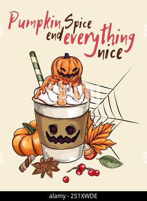 Design orizzontale del banner vettoriale di cibo e bevande aromatizzati alle spezie di zucca. Caffè con illustrazione dei cartoni animati in autunno, Halloween Witch Club SVG Sublimatio Illustrazione Vettoriale