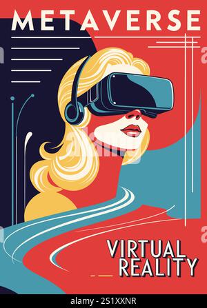 Poster retrò metaverse con donna in visore VR Illustrazione Vettoriale
