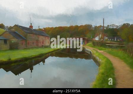 Pittura ad olio digitale autunnale del ponte 38 sul canale di Caldon, Denford, Inghilterra, Regno Unito. Foto Stock
