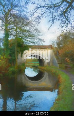 Illustrazione digitale dell'acquedotto Hazlehurst che trasporta il ramo Leek sul canale di Caldon vicino a Denford nello Staffordshire, Inghilterra, Regno Unito. Foto Stock