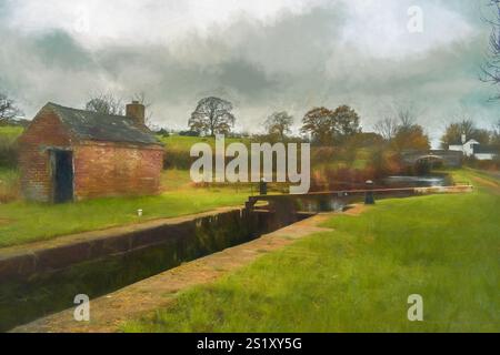 Paesaggio rurale autunnale illustrazione digitale del ponte 36 sul canale di Caldon nella via navigabile interna vicino all'incrocio di Hazlehurst, Staffordshire, Inghilterra, Regno Unito. Foto Stock