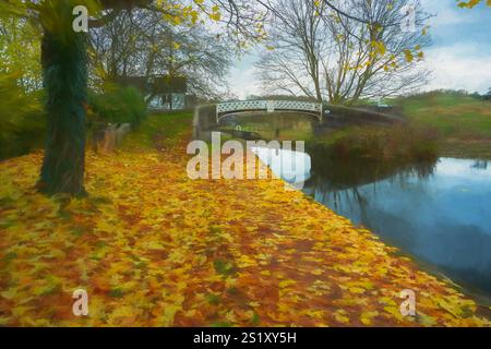 Paesaggio rurale autunnale di illustrazione digitale del ponte 35 sulla via navigabile interna del canale di Caldon all'incrocio di Hazlehurst, Staffordshire, Inghilterra, Foto Stock