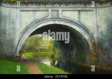 Illustrazione digitale dell'acquedotto Hazlehurst che trasporta il ramo Leek sul canale di Caldon vicino a Denford nello Staffordshire, Inghilterra, Regno Unito. Foto Stock