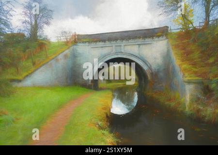 Illustrazione digitale dell'acquedotto Hazlehurst che trasporta il ramo Leek sul canale di Caldon vicino a Denford nello Staffordshire, Inghilterra, Regno Unito. Foto Stock