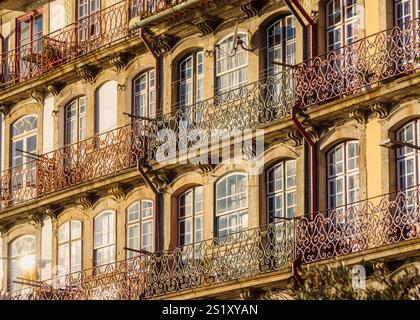 Porto, Portogallo, 25 dicembre 2024: Fascino storico: Le intricate opere in ferro e pietra Dettagli Foto Stock
