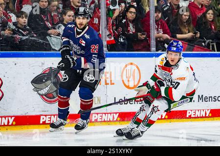 Germania. 5 gennaio 2025. Eishockey Penny-DEL 34.Spieltag Koelner Haie - Augsburger Panther am 05.01.2025 in der Lanxess Arena a Koeln Maximilian Gloetzl ( Koeln ), Links - Alexander Oblinger ( Augusta ), rechts Gemaess den Vorgaben der Deutsche Eishockey Liga ist die Publikation und Weiterverwertung der Aufnahmen in elektronischen Spiehren Mediehren en en en en en Spielauden. Foto: Revierfoto credito: ddp media GmbH/Alamy Live News Foto Stock