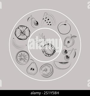 Logo monocromatico sotto forma di piatto con frutta Illustrazione Vettoriale