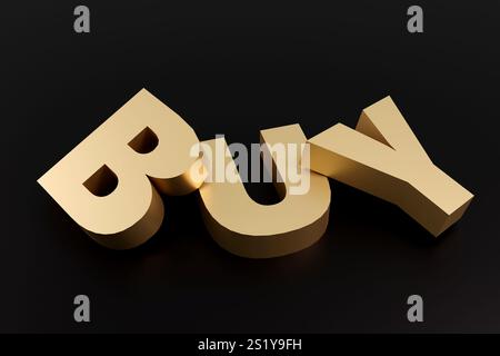 Elegante iscrizione acquistata realizzata in oro su podio nero, luce soffusa, sfondo liscio per la vista frontale, rendering 3d. Foto Stock