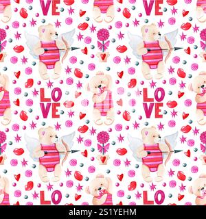 Motivo senza cuciture per San Valentino. Illustrazione della carta da parati per le vacanze in acquerello con graziosi orsi cupidi, cuori e labbra su sfondo bianco. Divertente brillante t Foto Stock