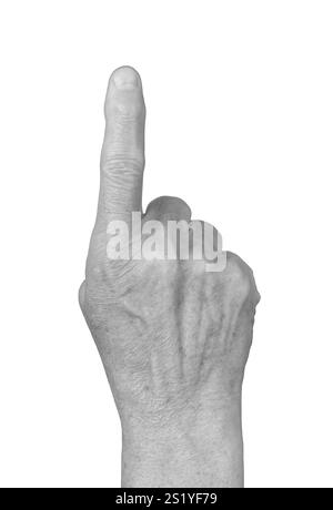 Gesto puntato con il dito. Dito indice rugoso della donna anziana sollevato verso l'alto, simboleggiando il numero uno o indicando la direzione. Vista dorsale ravvicinata e Foto Stock