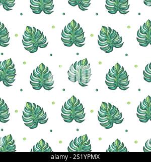 Foglie tropicali, motivo acquerello senza cuciture, sfondo tropicale, foglie verdi, foglie di palma ad acquerello, motivo esotico su sfondo bianco. Per tessuti, abbigliamento per bambini, imballaggi. Foto Stock