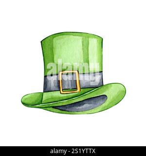Cappello di leprechaun verde disegnato a mano ad acquerello per st. Le decorazioni per il giorno di Patrick. Festa irlandese. Foto Stock