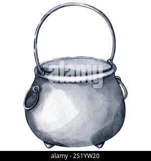 Acquerello disegnato a mano per st. Design decorativo per il giorno di Patrick e Halloween. Calderone nero isolato su sfondo bianco. Vaso vuoto in metallo per monete Foto Stock