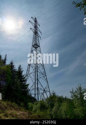 Pilone alto che trasporta la linea di trasmissione dell'elettricità ad alta tensione attraverso il suono di Kyle Rhea tra Glenelg e Kylerhea, Skye, Scozia, Regno Unito. Foto Stock
