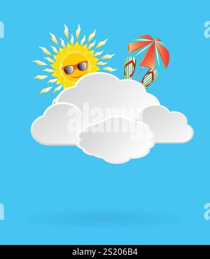 Sfondo con nuvole illuminate dal sole con elementi da spiaggia per le tue idee di design. EPS 10 Illustrazione Vettoriale
