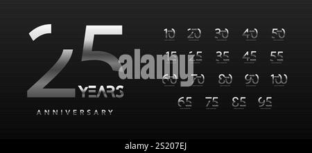 Eleganti numeri di anniversario con effetto gradiente metallico su sfondo scuro, che segnano traguardi da 10 a 100 anni. Perfetto per il branding aziendale o. Illustrazione Vettoriale