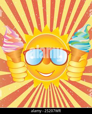 Sorrisi allegri con gelato su sfondo vintage. EPS 10 Illustrazione Vettoriale