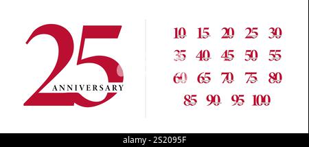 Sofisticata tipografia per anniversario rosso con stile classico per pietre miliari da 10 a 100 anni. Ideale per branding professionale, eventi o Illustrazione Vettoriale