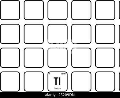 Tallio, Tl, elemento tavola periodica con nome, simbolo, numero atomico e peso. Metallo post-transizione con vari usi industriali, come in alcuni tipi di imaging medicale e come componente in alcuni tipi di vetro. Illustrazione Vettoriale