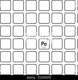 Polonio, po, elemento periodico della tabella con nome, simbolo, numero atomico e peso. Elemento radioattivo sintetico con potenziali impieghi nella ricerca scientifica e nell'energia nucleare. Illustrazione Vettoriale