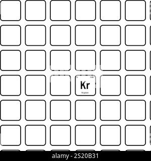 Krypton, KR, elemento periodico della tabella con nome, simbolo, numero atomico e peso. Gas inerte con vari usi industriali, come nell'illuminazione, nei laser e come gas di riempimento in certi tipi di isolamento. Illustrazione Vettoriale