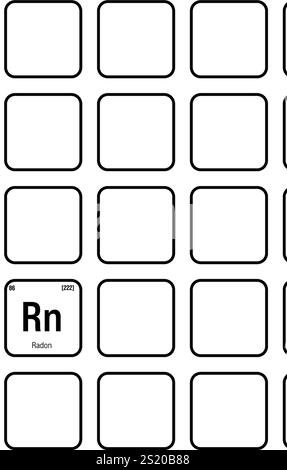 Radon, Rn, elemento tavola periodica con nome, simbolo, numero atomico e peso. Gas inerte con proprietà radioattive, utilizzato nella ricerca scientifica e come tracciante in alcuni tipi di esperimenti. Illustrazione Vettoriale