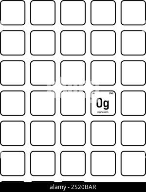 Oganesson, Og, elemento periodico della tabella con nome, simbolo, numero atomico e peso. Elemento sintetico con emivita molto breve, creato attraverso reazioni nucleari in laboratorio. Le sue proprietà non sono ben comprese a causa della sua instabilità. Illustrazione Vettoriale