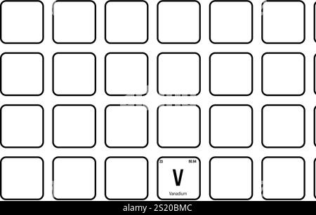 Vanadio, V, elemento periodico della tabella con nome, simbolo, numero atomico e peso. Metallo di transizione con vari usi industriali, come in alcuni tipi di acciaio e come catalizzatore in alcune reazioni chimiche. Illustrazione Vettoriale