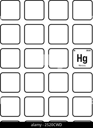 Mercurio, Hg, elemento periodico della tabella con nome, simbolo, numero atomico e peso. Metallo pesante con vari usi industriali, come in termometri, interruttori elettrici, e come componente in alcuni farmaci. Illustrazione Vettoriale